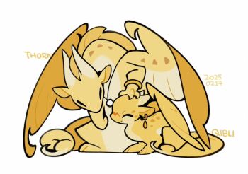 Rule 34 | ^ ^, animal ear piercing, animal focus, baby animal, bracelet, character name, chibi, chibi only, closed eyes, dated, dragon, flat color, hand on another's head, hashtag-only commentary, highres, horns, jewelry, necklace, no humans, qibli, rehtaef, sandwing (wings of fire), simple background, sitting, thorn (wings of fire), western dragon, white background, wings, wings of fire