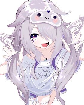 1girl chest_jewel commentary gem gradient_hair grey_hair hair_over_one_eye highres hololive hololive_english jewel_under_eye koseki_bijou koseki_bijou_(pebble_pajamas) long_hair looking_at_viewer mask multicolored_hair numzawa open_mouth pink_hair purple_eyes purple_gem purple_hair sleep_mask smile symbol-only_commentary very_long_hair virtual_youtuber