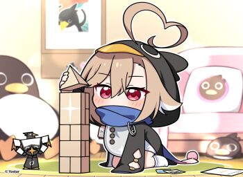 1girl action_figure ahoge all_fours animal_hood brown_hair chibi chibi_only commentary_request copyright_notice firefly_(stella_sora) hair_between_eyes hair_through_hood heart heart_ahoge highres holding_block hood hood_up indoors long_sleeves official_art penguin_hood red_eyes sherlock_(stella_sora) solo stella_sora stuffed_animal stuffed_penguin stuffed_toy toy_block