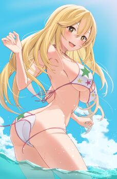 1girl :d ass bikini blonde_hair blue_sky breasts commentary_request hair_between_eyes halterneck highres k3rd large_breasts long_hair looking_at_viewer looking_back official_alternate_costume open_mouth outdoors paid_reward_available print_bikini shokuhou_misaki shokuhou_misaki_(desired_swimsuit) sideboob sky smile solo sparkling_eyes star_(symbol) star_print star_print_bikini string_bikini swimsuit teeth toaru_kagaku_no_railgun toaru_majutsu_no_index toaru_majutsu_no_index:_imaginary_fest underboob untied_bikini_bottom upper_teeth_only very_long_hair wardrobe_malfunction white_bikini yellow_eyes