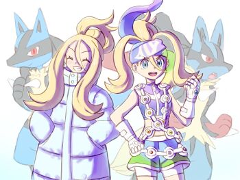 1girl 1other bandolier belt bike_shorts bike_shorts_under_shorts black_fur blonde_hair blue_eyes blue_fur blue_hair blue_shorts body_fur breasts closed_eyes closed_mouth coat dress fingerless_gloves furry gen_4_pokemon gloves green_shorts hair_between_eyes hairband hands_in_pockets highres korrina_(pokemon) long_hair looking_at_viewer lucario mega_lucario mega_pokemon mega_stone midriff multicolored_fur multicolored_hair nintendo open_mouth painter_rin pokemon pokemon_(creature) pokemon_legends:_z-a ponytail purple_hair purple_shirt red_eyes shirt shorts shorts_under_dress sleeveless sleeveless_shirt smile spikes teeth white_coat white_gloves winter_clothes winter_coat yellow_fur