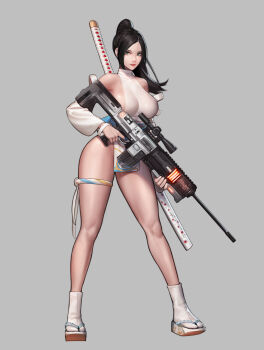 1girl absurdres bare_legs black_hair breasts cleavage clogs green_eyes grey_background gun highres holding holding_gun holding_weapon jungon_kim katana large_breasts long_hair looking_at_viewer okobo original platform_sandals ponytail rifle sandals simple_background sniper sniper_rifle solo sword thighs warrior weapon