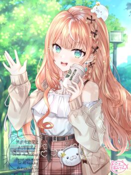 1girl bag belt belt_pouch black_belt blue_eyes blurry blurry_background cardigan commentary_request cup day disposable_coffee_cup disposable_cup earrings hair_ornament hand_up handbag highres holding holding_cup igarashi_rika igarashi_rika_(3rd_costume) jacket jewelry kumakotoy long_hair long_sleeves looking_at_viewer multicolored_hair nijisanji open_clothes open_jacket open_mouth orange_hair outdoors park plaid_clothes plaid_skirt pouch shirt signature single_off_shoulder skirt sleeves_past_wrists smile solo streaked_hair twitter_username upper_body virtual_youtuber watermark waving white_shirt