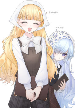 2girls :d ^_^ absurdres black_shorts blonde_hair blue_hair blunt_bangs bow bowtie brown_vest closed_eyes closed_mouth collared_shirt commentary_request cowboy_shot hair_over_one_eye headscarf highres holding holding_menu ise_dango long_hair long_sleeves looking_at_viewer mahou_shoujo_no_majo_saiban menu multiple_girls natsume_an-an official_alternate_costume open_mouth peeking_out purple_eyes saeki_miria shirt shorts simple_background smile standing translation_request treasure_cafe vest white_background white_bow white_bowtie white_headscarf white_shirt