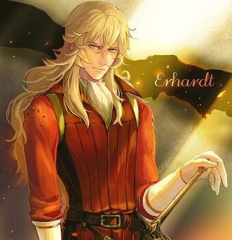 1boy androgynous belt blonde_hair character_name closed_mouth commentary_request erhardt_(octopath_traveler) green_eyes hair_between_eyes looking_at_viewer male_focus mature_male octopath_traveler octopath_traveler_i regan_(hatsumi) solo standing wavy_hair