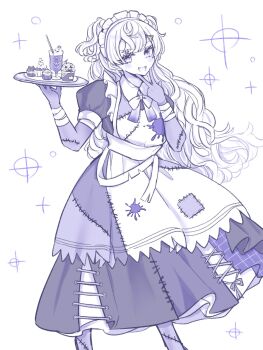 1girl apron blonde_hair blue_dress blue_eyes commentary_request cupcake dress drink food frilled_jacket frills gloves grey_gloves grey_thighhighs hair_ornament hairclip halloween_costume highres holding holding_tray jacket kantai_collection looking_at_viewer maid maid_headdress minneapolis_(halloween)_(kancolle) minneapolis_(kancolle) monochrome nagi_kantai114 open_mouth patchwork_clothes solo thighhighs tray two_side_up v wavy_hair white_apron