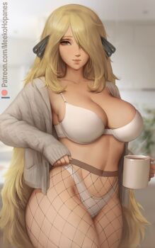 1girl absurdres bare_hips blonde_hair blurry blurry_background bra breasts cleavage closed_mouth clothes_pull coffee_mug commentary cowboy_shot cup cynthia_(pokemon) english_commentary fishnet_pantyhose fishnets grey_eyes hair_ornament hair_over_one_eye high-waist_pantyhose highleg highleg_panties highres holding holding_cup indoors large_breasts lips long_hair long_sleeves looking_at_viewer meekohopanes mug navel nintendo panties pantyhose pantyhose_pull patreon_logo pokemon pokemon_dppt solo stomach thick_thighs thighs underwear very_long_hair white_bra white_panties