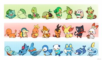 black_eyes blush border breath_weapon breathing_fire bulbasaur charmander chespin chikorita chimchar commentary_request cyndaquil fennekin fiery_tail fire flame-tipped_tail froakie gen_1_pokemon gen_2_pokemon gen_3_pokemon gen_4_pokemon gen_5_pokemon gen_6_pokemon gen_7_pokemon gen_8_pokemon grin grookey highres huiro litten mudkip nintendo nose_bubble one_eye_closed open_mouth oshawott piplup pokemon pokemon_(creature) popplio rowlet scorbunny sharp_teeth sitting smile snivy sobble solid_oval_eyes squirtle starter_pokemon_trio tail teeth tepig torchic totodile treecko turtwig white_border x_anus