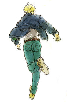 1boy belt blonde_hair blue_jacket blue_pants brown_belt commentary_request denim from_behind full_body jacket jeans keith_goodman long_sleeves male_focus mimimyy pants running shirt shirt_tucked_in shoes short_hair simple_background solo tiger_&amp;_bunny white_background white_shirt yellow_shoes