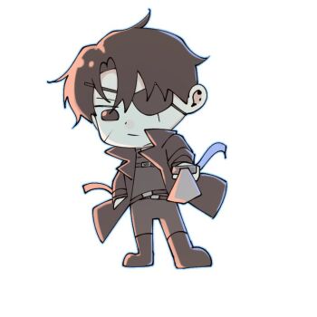 1boy :/ black_coat black_eyes black_hair black_shirt chibi chibi_only coat curtained_hair eyepatch full_body hand_in_pocket holding holding_sword holding_weapon looking_at_viewer male_focus multiple_scars nadardoh omniscient_reader&#039;s_viewpoint open_clothes open_coat pointing pointing_at_viewer popped_collar scar scar_on_face shirt short_hair solo standing sword weapon yoo_joonghyuk yoo_joonghyuk_(999th_turn)