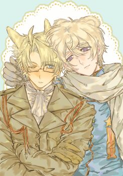 2boys ahoge aiguillette america_(hetalia) animal_ear_fluff animal_ears ascot axis_powers_hetalia bear_ears black-framed_eyewear black_gloves blonde_hair blue_background blue_eyes blue_jacket blush breast_pocket brown_gloves brown_jacket buttons cat_ears closed_mouth glasses gloves hair_between_eyes hand_up highres jacket kemonomimi_mode lapels long_sleeves looking_at_another male_focus medal military military_jacket military_uniform multiple_boys one_eye_closed pocket purple_eyes ringed_eyes russia_(hetalia) scarf semi-rimless_eyewear shirt short_hair smile soviet_army star_ornament two-tone_background united_states_army upper_body verysoftpigeon white_ascot white_background white_scarf white_shirt yaoi