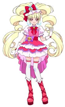 1girl aisaki_emiru blonde_hair blunt_bangs boots bow cure_macherie dress earrings full_body gloves hair_bow hand_up highres hugtto!_precure jewelry knee_boots layered_dress long_hair looking_at_viewer magical_girl neck_ribbon official_art pink_dress precure puffy_short_sleeves puffy_sleeves red_boots red_bow red_eyes red_ribbon ribbon second-party_source short_sleeves simple_background smile standing tachi-e thighhighs twintails very_long_hair white_background white_gloves white_thighhighs