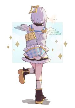 Rule 34 | 1girl, amane kanata, amane kanata (1st costume), angel wings, annin oekaki, armband, arms behind back, black boots, black skirt, blue background, boots, commentary, feathered wings, frilled skirt, frills, from behind, full body, halo, hashtag-only commentary, highres, hololive, interlocked fingers, jacket, kneehighs, sailor collar, short hair, simple background, skirt, socks, solo, sparkle, standing, standing on one leg, star halo, two-tone background, virtual youtuber, white background, white hair, white jacket, white sailor collar, white socks, white wings, wings, yellow armband