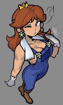 !? 1girl afterimage blue_eyes blue_overalls body_freckles boots breasts brown_hair brown_shoes cleavage collarbone crown earrings fanning_self flower_earrings freckles full_body gloves grey_background highres jewelry large_breasts looking_at_viewer mario_(series) naked_overalls nintendo no_bra one_eye_closed overalls princess_daisy shoes shoulder_freckles simple_background solo sweat towel towel_around_neck white_gloves yoitsteaomg