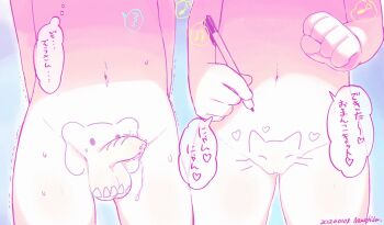 1boy 1girl artist_name blue_background close-up crotch_focus cum cum_string dated drawing_(action) erection flying_sweatdrops highres holding holding_pen kasugai_isoya loli musical_note navel original pen penis pussy shota signature simple_background speech_bubble spoken_flying_sweatdrops spoken_musical_note thighs translation_request trembling twitching_penis