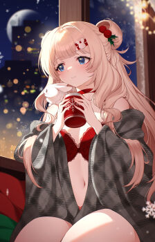 1girl absurdres blanket blonde_hair blondedaze blue_eyes blunt_bangs bra breasts choker christmas city commission hair_bun hair_ornament highres indie_virtual_youtuber large_breasts long_hair navel night panties rabbit rabbit_hair_ornament red_bra red_choker red_panties sakotach sitting solo underwear virtual_youtuber window