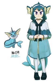 :3 black_bow bow creature_and_personification gen_1_pokemon hair_bow hairband highres jewelry looking_at_viewer mary_janes medium_hair nintendo own_hands_together pantyhose personification pokedex_number pokemon pokemon_(creature) purple_eyes qumyak reference_inset ring shoes tail vaporeon white_pantyhose