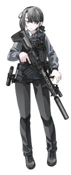 1girl ar-15 black_hair black_necktie black_pants black_shoes bulletproof_vest closed_mouth collared_shirt commentary_request desert_(deserteagle0321) earpiece full_body glock green_eyes grey_jacket gun handgun highres holding holding_gun holding_weapon holstered jacket leg_holster necktie original pants ponytail rifle shirt shoes short_ponytail simple_background sneakers solo standing suppressor sweatdrop trigger_discipline watch weapon white_background white_shirt wristwatch