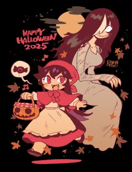 2girls absurdres bags_under_eyes basket black_dress black_hair blush_stickers bow breasts capelet closed_mouth cosplay dress english_text hair_over_one_eye hairband halloween halloween_costume happy_halloween highres holding hood hood_up jack-o&#039;-lantern large_breasts little_red_riding_hood_(fairy_tale) little_red_riding_hood_(fairy_tale_character) little_red_riding_hood_(fairy_tale_character)_(cosplay) long_dress long_hair looking_at_viewer moon multicolored_hair multiple_girls noss_&amp;_zakuro noss_(rariatto) open_mouth pantyhose pointy_ears pumpkin rariatto_(ganguri) red_bow red_eyes red_hood skirt smile streaked_hair the_ring trick_or_treat vampire wavy_mouth white_dress white_hair yamamura_sadako yamamura_sadako_(cosplay) zakuro_(rariatto)