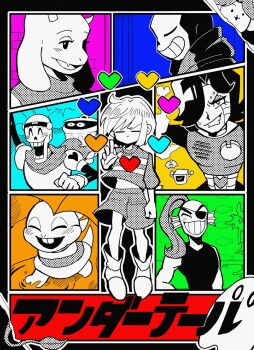 android buck_teeth eyepatch frisk_(undertale) ghost grin heart highres horns mettaton mettaton_(box) mettaton_ex monster_kid_(undertale) napstablook papyrus_(undertale) sans_(undertale) shio_tou shirt skeleton smile teeth temmie toriel undertale undyne utdr_(toby_fox)