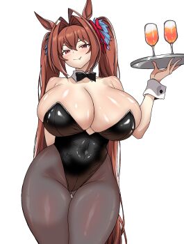 1girl a-sui absurdres animal_ear_hairband animal_ears black_bow black_bowtie black_leotard black_pantyhose bow bowtie breasts cleavage commentary_request covered_navel cup daiwa_scarlet_(umamusume) detached_collar drinking_glass fake_animal_ears fang gluteal_fold hairband highleg highleg_leotard highres horse_ears horse_girl huge_breasts leotard nontraditional_playboy_bunny pantyhose simple_background smile solo standing strapless strapless_leotard thigh_gap tray umamusume white_background wine_glass wrist_cuffs