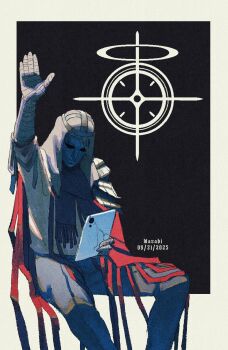 1boy absurdres arm_up artist_name bandaged_arm bandages black_background black_scarf blue_archive border commentary dated feet_out_of_frame grey_pants hand_up highres holding holding_tablet_pc kingdom_of_heaven male_focus mask pants parody phrenapates_(blue_archive) scarf scene_reference schale_logo sitting solo tablet_pc wasabee777 white_border