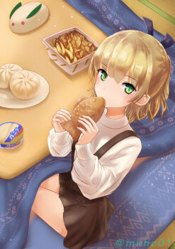 Rule 34 | 1girl, absurdres, brown hair, commentary request, dumpling, food, garter straps, green eyes, heaven burns red, highres, kotatsu, looking at viewer, mkhc01, nanase nanami (heaven burns red), on floor, short hair, table, taiyaki, wagashi