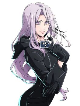 1girl baron_(varon666) black_bodysuit bodysuit breasts card cowboy_shot fuuto_tantei highres holding holding_card joker_(playing_card) kamen_rider kamen_rider_w long_hair playing_card purple_eyes purple_hair smile solo tokime_(fuuto_tantei)