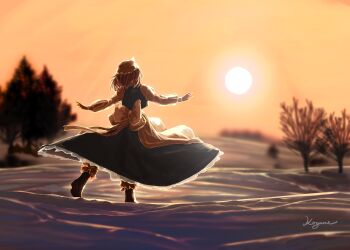 1girl absurdres bare_tree blue_skirt blue_vest evening hashtag-only_commentary highres hill koyane_(silver81106) letty_whiterock medium_hair orange_sky pine_tree shadow shirt skirt sky solo sun sunlight sunset touhou tree vest white_shirt