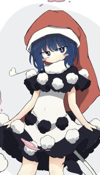 1girl :3 black_capelet black_dress blob blue_eyes blue_hair blush_stickers capelet commentary doremy_sweet dream_soul dress hat highres looking_at_viewer multicolored_dress nightcap pom_pom_(clothes) puff_of_air red_hat ro_74 sleeveless sleeveless_dress smile solo tail tapir_tail touhou white_dress