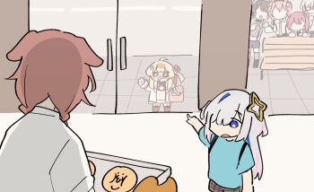 Rule 34 | 6+girls, ahoge, amane kanata, animal ears, asymmetrical bangs, bench, black hair, black hairband, black ribbon, blue eyes, blue hair, bread, colored inner hair, dog ears, food, glass door, hairband, halo, hololive, hololive dev is, hololive grand theft auto, houshou marine, inugami korone, jacket, multicolored hair, multiple girls, one side up, oozora subaru, oozora subaru (suspenders), open mouth, otonose kanade, otonose kanade (1st costume), pink hair, pointing, pointing at another, red-framed eyewear, red hair, red ribbon, ribbon, road, sakana (saka11205), saliva, shirogane noel, star halo, suspenders, takane lui, virtual youtuber, white jacket