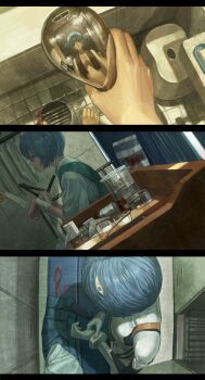 1girl 1other aqua_hair bandaged_wrist bandages bathroom beaker blister_pack blood blood_stain blue_skirt bodysuit commentary highres holding holding_shower_head ikuta41 interface_headset_(evangelion) mecha_pilot_suit medicine_bottle multiple_views neon_genesis_evangelion pill pill_bottle pleated_skirt plugsuit_(evangelion) profile red_eyes reflection school_uniform short_hair shower_head skirt split_screen tile_floor tiles tokyo-3_middle_school_uniform towel towel_around_neck unworn_eyewear unworn_skirt white_bodysuit