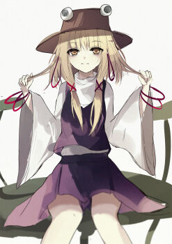 Rule 34 | 1girl, bad id, bad pixiv id, blonde hair, bracelet, brown hat, closed mouth, female focus, green night, hair between eyes, hands up, hat, highres, holding, holding own hair, jewelry, lily pad, long hair, long sleeves, looking at viewer, moriya suwako, orange eyes, purple skirt, purple vest, shirt, simple background, sitting, skirt, solo, spread legs, touhou, vest, white background, white shirt, wide sleeves