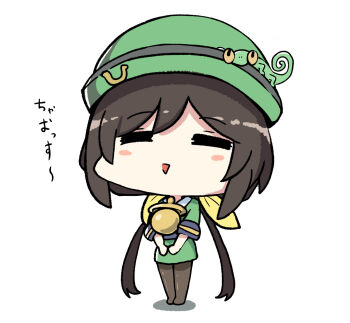 1girl :&gt; animal animal_request blush_stickers brown_hair brown_pantyhose chibi closed_eyes facing_viewer full_body green_hat green_jacket green_skirt hat hayakawa_tazuna highres jacket kawamochi_(kawauti919) low_ponytail no_shoes pantyhose parted_lips ponytail shadow short_sleeves simple_background skirt smile solo split_ponytail standing translation_request triangle_mouth umamusume white_background
