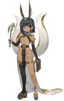 1girl absurdres ancient_egyptian animal_ears ankh aqua_eyes asymmetrical_legwear black_hair black_thighhighs blue_hair book breasts commentary_request dark-skinned_female dark_skin earrings elbow_gloves female_focus full_body gloves hieroglyphics highres jackal_ears jewelry looking_at_viewer multicolored_hair no_panties original pelvic_curtain platform_clogs platform_sandals romana sandals set_(mythology) single_thighhigh small_breasts solo streaked_hair thighhighs thighlet uneven_legwear white_background