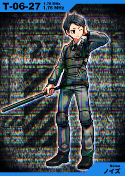 1.76_mhz 1boy antenna_hair armor baton black_eyes black_hair black_necktie black_shoes caution_tape check_gender clenched_teeth collared_shirt containment_unit covering_one_ear denim e.g.o_(project_moon) employee_(project_moon) frown full_body gender_request grey_jacket grey_pants hand_on_own_ear holding holding_weapon jacket jeans knee_pads lobotomy_corporation long_sleeves looking_to_the_side meimaru_inuchiyo necktie nugget_(project_moon) numbered one_eye_closed open_mouth pants project_moon shirt shoes short_hair single_shoulder_pad static teeth v-shaped_eyebrows weapon white_shirt