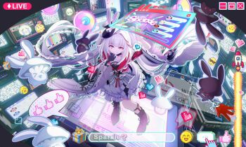 Rule 34 | 1girl, absurdres, black boots, black gloves, black hat, boots, braid, clothing cutout, evil grin, evil smile, facial mark, frilled skirt, frills, from above, full body, gloves, grin, hat, hat ornament, heart, heart emoji, heart facial mark, highres, honkai: star rail, honkai (series), livestream, long hair, long sleeves, looking at viewer, looking up, mini hat, monitor, multicolored hair, pink eyes, rabbit hat ornament, red hair, red streaks, rogomarebuteki, screen, shirt, shoulder cutout, skirt, smile, solo, sparkle (honkai: star rail), sparxie (honkai: star rail), spoken heart, standing, streaked hair, television, thumbs up emoji, twintails, white hair, white shirt, wide sleeves