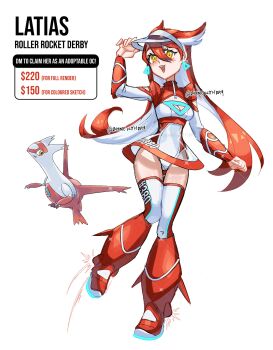 1girl absurdres adjusting_clothes adjusting_headwear adoptable boots breasts character_name cleavage colored_inner_hair dress earrings full_body gen_3_pokemon hair_horns hand_up highres jewelry knee_boots latias legendary_pokemon leotard light_blush long_sleeves microdress microskirt multicolored_hair nintendo number_print official_art_inset open_mouth original personification pokedex_number pokemon print_skirt print_thighhighs red_boots red_leotard reference_inset rhymewithray roller_derby see-through_clothes see-through_skirt skirt smile standing thighhighs triangle_earrings two-tone_hair visor_cap white_background white_hair white_leotard white_thighhighs yellow_eyes