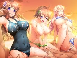 3girls :q ahoge ajishio armpits beach bikini bikini_bottom_aside blonde_hair blush breasts breasts_squeezed_together brown_hair censored closed_eyes clothed_female_nude_male clothing_aside covered_erect_nipples covered_navel cowgirl_position cum cum_in_pussy cum_on_body cum_on_breasts cum_on_upper_body embarrassed evening game_cg girl_on_top groin group_sex hair_between_eyes handjob kagurazaka_sakura large_breasts legs long_hair lying mosaic_censoring multiple_girls nipples nude open_mouth orange_eyes original outdoors penis purple_eyes pussy sex short_hair sky straddling string_bikini swimsuit swimsuit_aside thighs tongue tongue_out topless_female vaginal venus_resort_kyonyuu_rankou_island