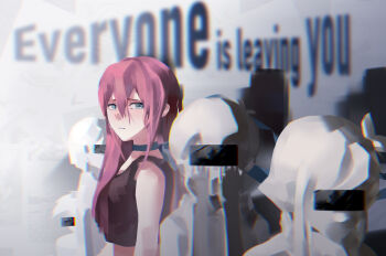 1girl 3boys antenna_hair arms_at_sides aubrey_(faraway)_(omori) aubrey_(omori) bar_censor bare_shoulders basil_(faraway)_(omori) basil_(omori) black_tank_top blue_choker blue_eyes breasts censored censored_identity chinese_commentary choker chromatic_aberration commentary_request crop_top double-parted_bangs english_text fenda191208 grey_background hair_between_eyes hands_up highres kel_(faraway)_(omori) kel_(omori) long_hair looking_at_viewer multiple_boys omori parted_lips pink_hair sad short_hair sideways_glance simple_background small_breasts solo_focus straight_hair sunny_(omori) tank_top tearing_up upper_body wet wet_hair