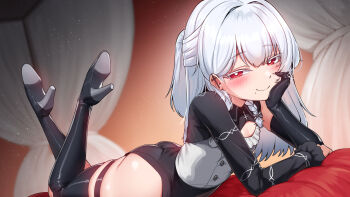 1boy black_boots black_thighhighs blush boots braid bright_pupils cho!cho! cleavage_cutout closed_mouth clothing_cutout commentary curtains highres long_hair long_sleeves looking_at_viewer lying male_focus mole mole_under_mouth on_stomach red_eyes single_braid smile solo thigh_boots thighhighs tongkkangi tongkkangi_(streamer) trap white_hair white_pupils