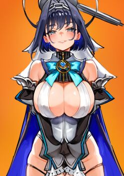 1girl absurdres bare_shoulders black_shirt black_sleeves blue_bow blue_bowtie blue_cape blue_eyes blue_hair blush bow bow_earrings bowtie cape chain chain_headband commentary_request covering_crotch covering_privates cow cowboy_shot detached_sleeves earrings grin hair_between_eyes hair_intakes halo heart-shaped_gem highres hololive hololive_english jewelry looking_at_viewer mechanical_halo orange_background ouro_kronii ouro_kronii_(1st_costume) pinstripe_pattern pinstripe_shirt seafoodisgood087 shirt short_hair simple_background sleeveless sleeveless_shirt smile solo standing v_arms veil virtual_youtuber white_shirt white_veil