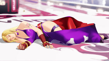 1girl a-ru_(dn1217) absurdres b._jenet bare_shoulders belt blonde_hair breasts choker cleavage closed_mouth defeat dress fainted fainting fatal_fury female_focus fingerless_gloves flower_tattoo full_body garou:_mark_of_the_wolves gloves high_heels highres jolly_roger large_breasts long_hair loose_belt no_socks parted_lips purple_choker purple_dress red_gloves ringlets ryona solo sweat tattoo teeth the_king_of_fighters the_king_of_fighters_xv thigh_strap unconscious