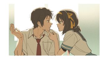 Rule 34 | 1boy, 1girl, blue sailor collar, breast pocket, brown eyes, brown hair, finger to another's cheek, hair ribbon, hairband, highres, kita high school uniform, kkoo7, kyon, looking at another, looking to the side, necktie, pocket, red necktie, ribbon, sailor collar, school uniform, serafuku, short hair, short sleeves, summer uniform, suzumiya haruhi, suzumiya haruhi no yuuutsu, yellow hairband, yellow ribbon
