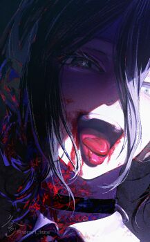 1girl artist_name black_background black_choker blood blood_in_hair blood_on_clothes blood_on_face chainsaw_man choker collared_shirt commentary english_commentary eyelashes green_eyes hair_between_eyes hair_bun long_hair_between_eyes looking_at_viewer norari_kuno open_mouth purple_hair reze_(chainsaw_man) shirt simple_background smile solo teeth tongue tongue_out upper_body watermark white_shirt