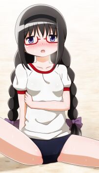 Rule 34 | 10s, 1girl, akemi homura, blush, braid, cadsensei, female focus, glasses, gradient background, gym uniform, hair ornament, hairband, long hair, looking at viewer, mahou shoujo madoka magica, open mouth, outdoors, purple eyes, red-framed eyewear, shirt, short sleeves, sitting, solo, sweat, twin braids
