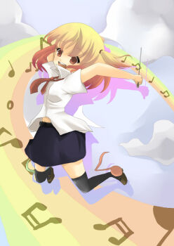 Rule 34 | 1girl, brown eyes, female focus, music, musical note, necktie, open mouth, original, rainbow, rainbow path, skirt, solo, thighhighs, toda ayu, two side up