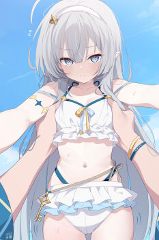 1boy 1girl ahoge bare_shoulders blue_eyes bra breasts commentary_request deyui female_tyrant_(stella_sora) flying_sweatdrops frilled_bra frilled_skirt frills furrowed_brow grey_hair highleg highleg_panties highres lifting_person light_blush male_tyrant_(stella_sora) navel nervous_sweating outdoors panties pointy_ears pov pov_hands skirt small_breasts solo_focus stella_sora stomach sweat swimsuit tyrant_(stella_sora) underwear