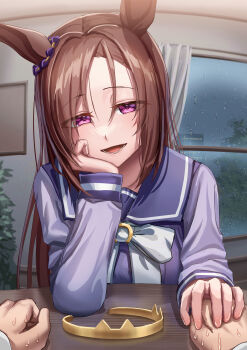 1girl 1other absurdres animal_ears brown_hair commentary_request curtains ear_ornament elbow_on_table gold_headband hair_down half-closed_eyes hand_on_own_cheek hand_on_own_face headband highres holding_hands horse_ears horse_girl indoors long_hair long_sleeves looking_at_viewer nervous_sweating ooeyama open_mouth out_of_character pov_across_table purple_eyes purple_serafuku rain sakura_bakushin_o_(umamusume) school_uniform serafuku solo_focus speech_bubble sweat table teeth textless_version tracen_school_uniform umamusume unworn_headband unworn_headwear