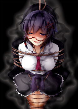 Rule 34 | 1girl, aura, b (kana0816), bdsm, blue eyes, blue hair, bondage, bound, breasts, corpse party, dark, dark aura, drooling, empty eyes, female focus, glasses, hair ornament, highres, large breasts, matching hair/eyes, necktie, open mouth, rope, saenoki naho, saliva, school uniform, short hair, smile, solo, star (symbol), tongue